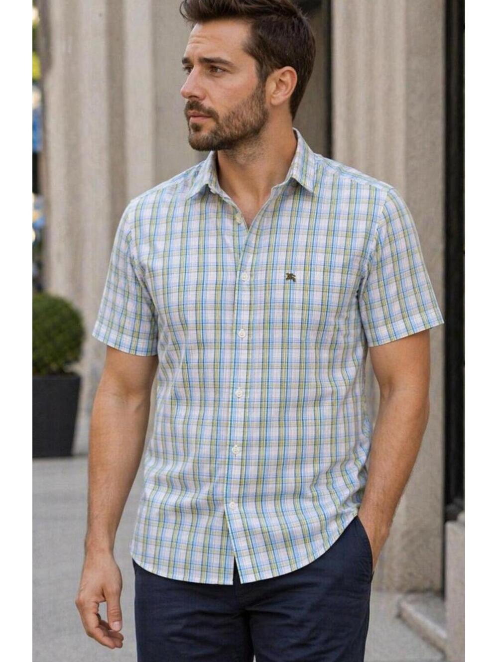 Burberry London Mens Plaid Short Sleeve Button Up Shirt Size 15.5 39 Blue Green